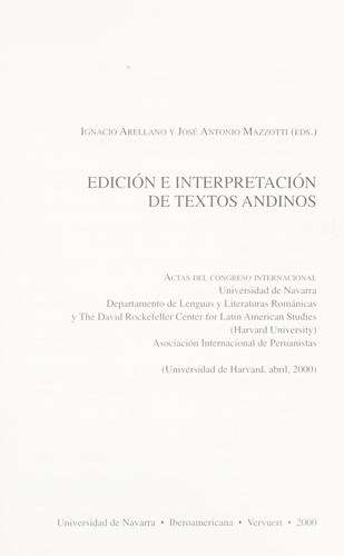 Tapa de Edición e interpretación de textos andinos : actas del congreso internacional